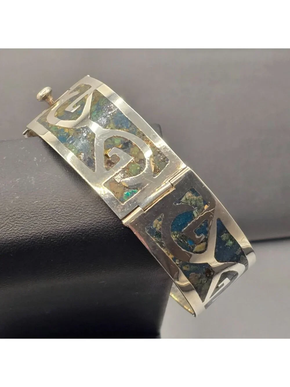 Vintage Taxco Sterling Silver Turquoise Inlay Bracelet 7